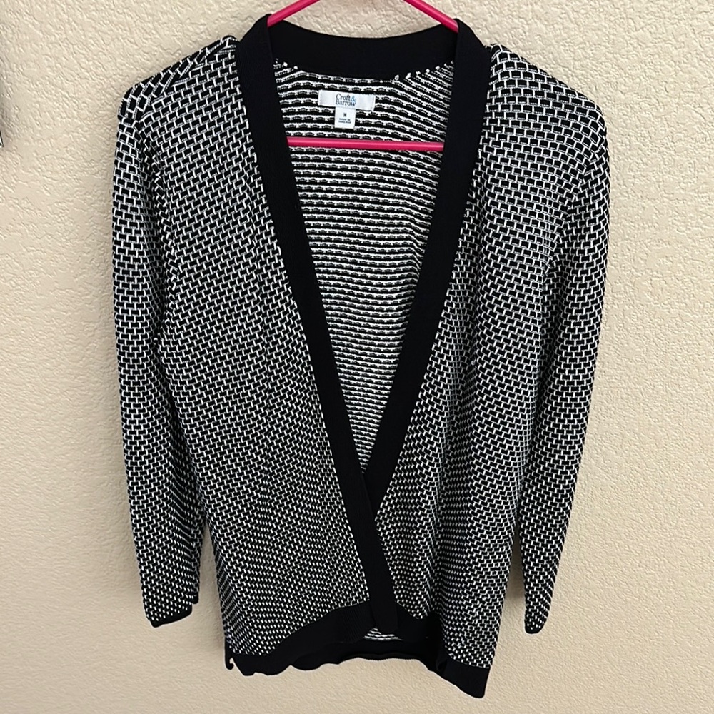 Black and White V-Neck Cardigan with Polka Dot Pattern